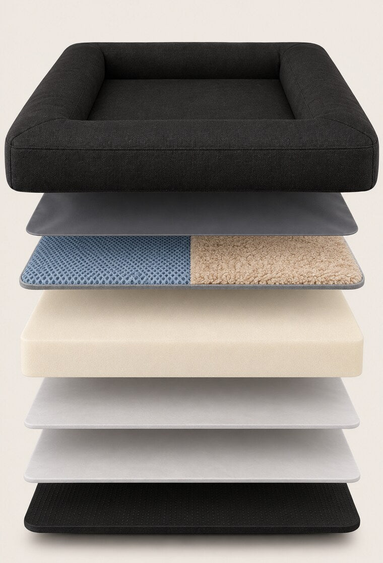 Exploded view of the Indogstructible modular dog bed showing each replaceable layer